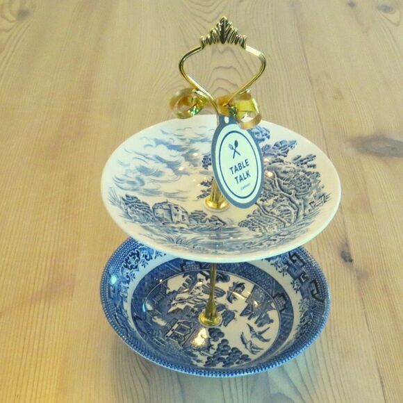 Vintage MINI BLUE PLATE Dessert Candy STAND 2-Tier - Picture 1 of 2